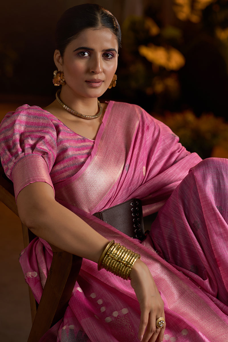 Glowing Dark Pink Cotton Silk Saree With Zephyr Blouse Piece