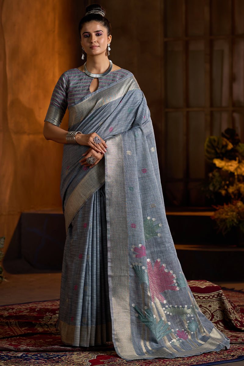 Resplendent Grey Cotton Silk Saree With Ethereal Blouse Piece