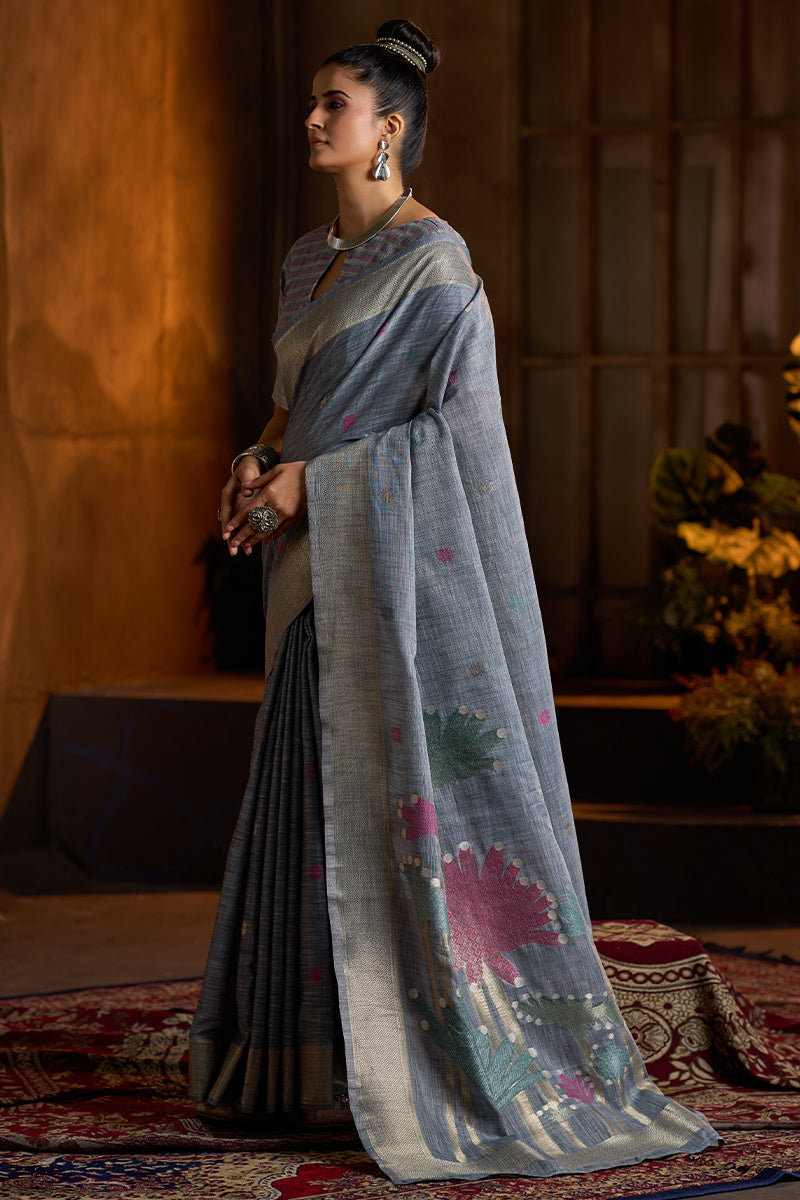 Resplendent Grey Cotton Silk Saree With Ethereal Blouse Piece