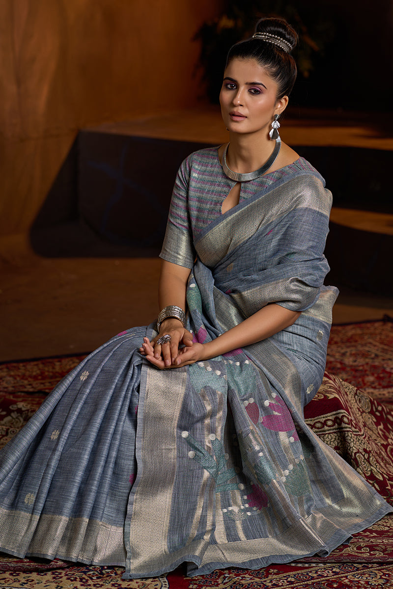 Resplendent Grey Cotton Silk Saree With Ethereal Blouse Piece