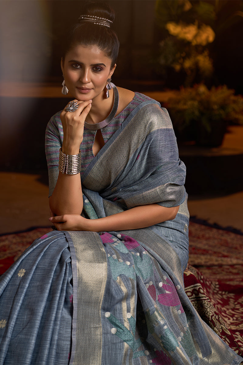 Resplendent Grey Cotton Silk Saree With Ethereal Blouse Piece