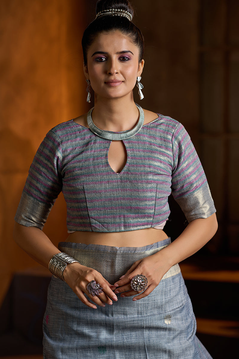 Resplendent Grey Cotton Silk Saree With Ethereal Blouse Piece