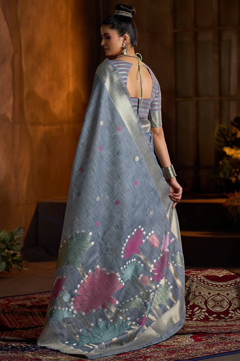 Resplendent Grey Cotton Silk Saree With Ethereal Blouse Piece