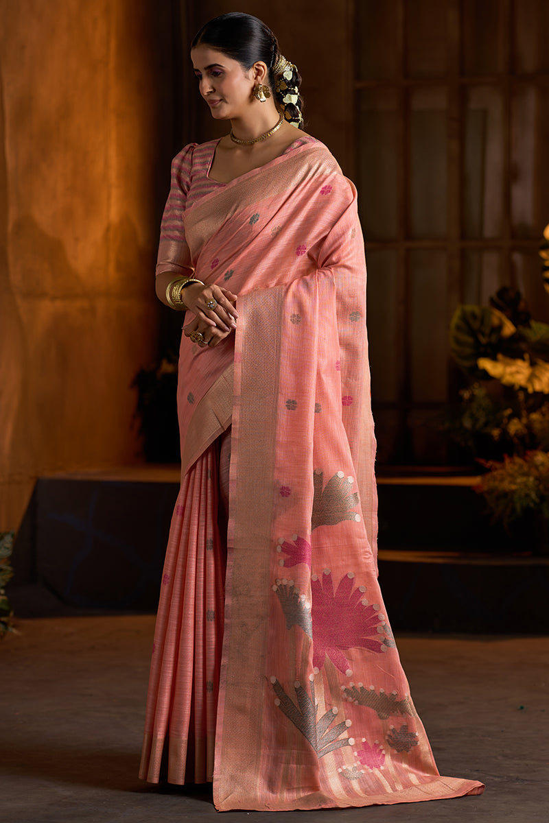 Delectable Peach Cotton Silk Saree With Piquant Blouse Piece