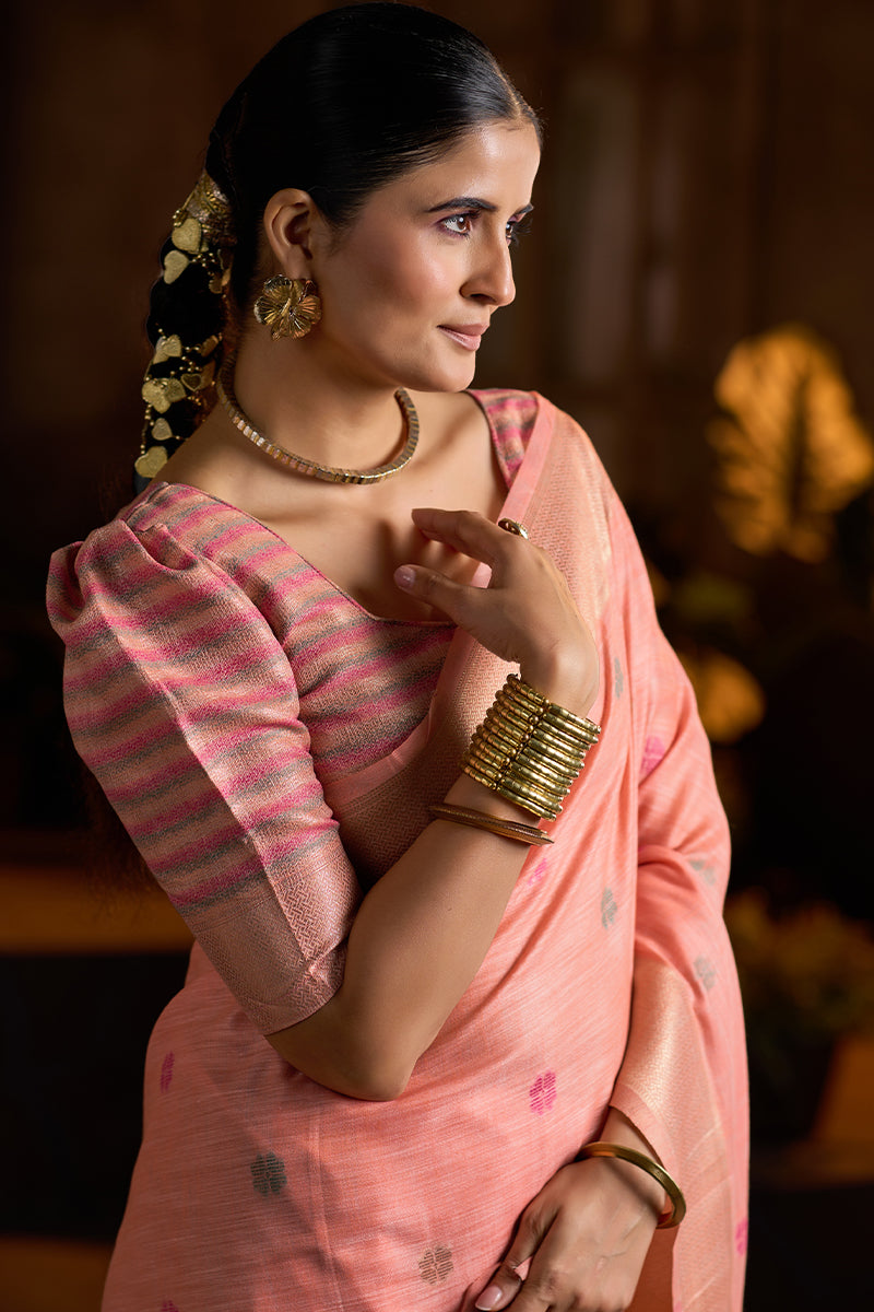 Delectable Peach Cotton Silk Saree With Piquant Blouse Piece