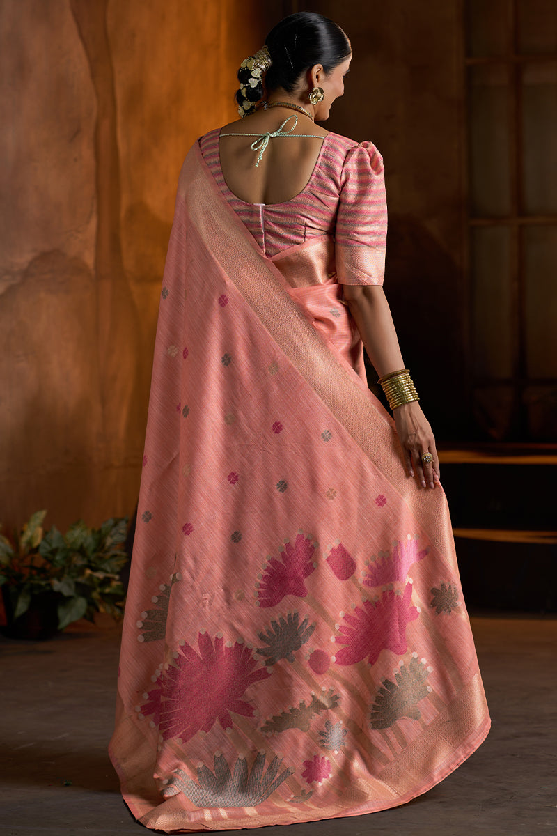 Delectable Peach Cotton Silk Saree With Piquant Blouse Piece