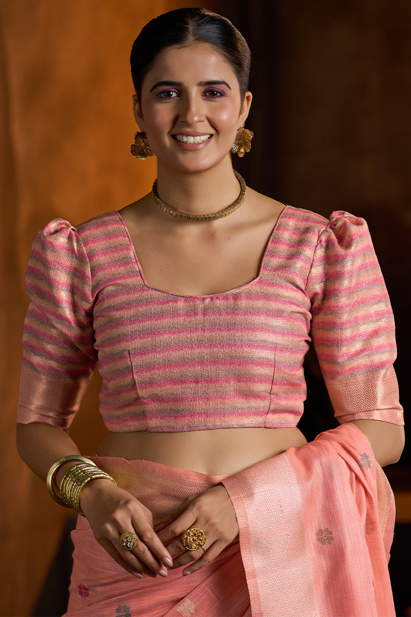 Delectable Peach Cotton Silk Saree With Piquant Blouse Piece