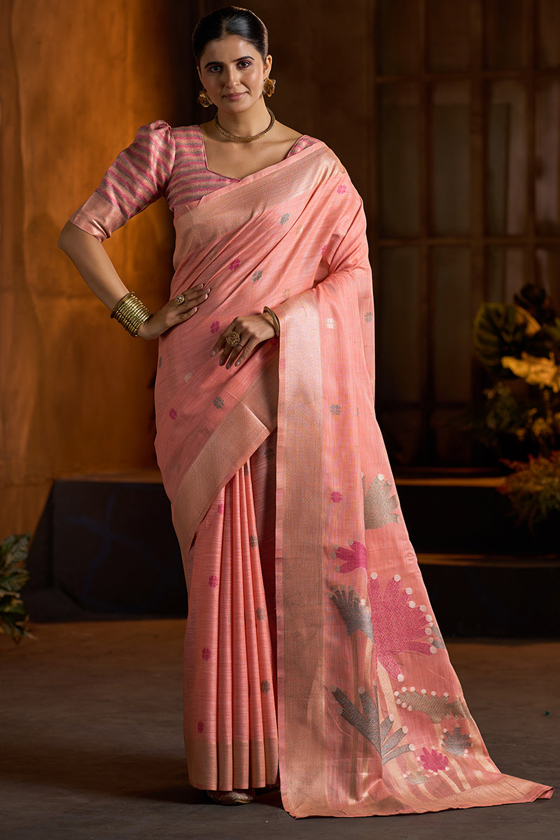 Delectable Peach Cotton Silk Saree With Piquant Blouse Piece