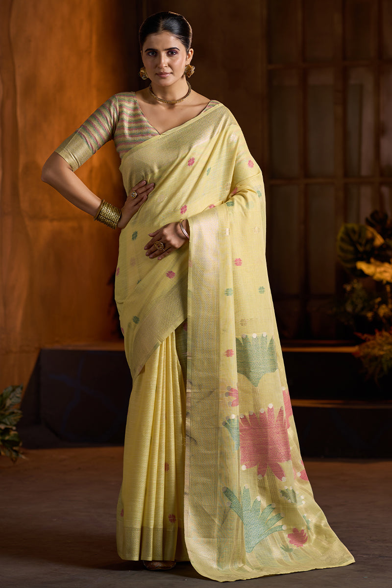 Lassitude Yellow Cotton Silk Saree With Surreptitious Blouse Piece