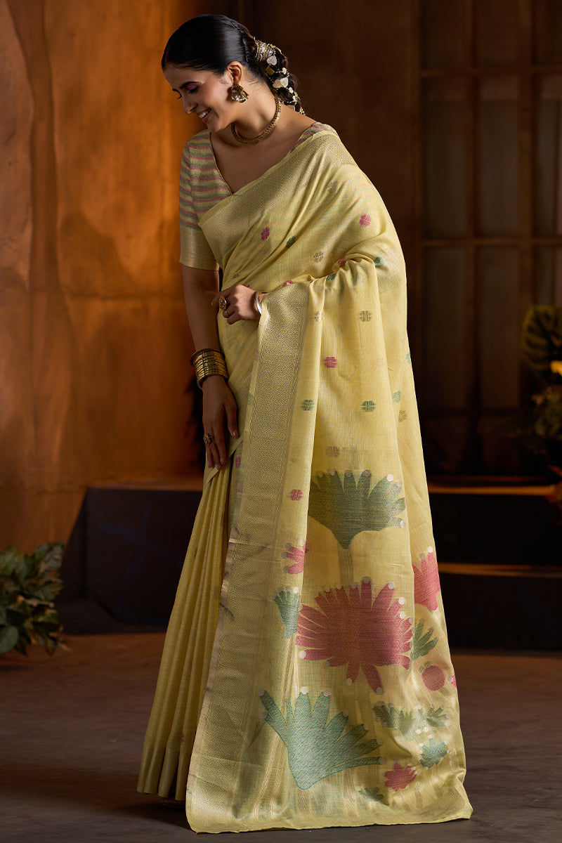 Lassitude Yellow Cotton Silk Saree With Surreptitious Blouse Piece