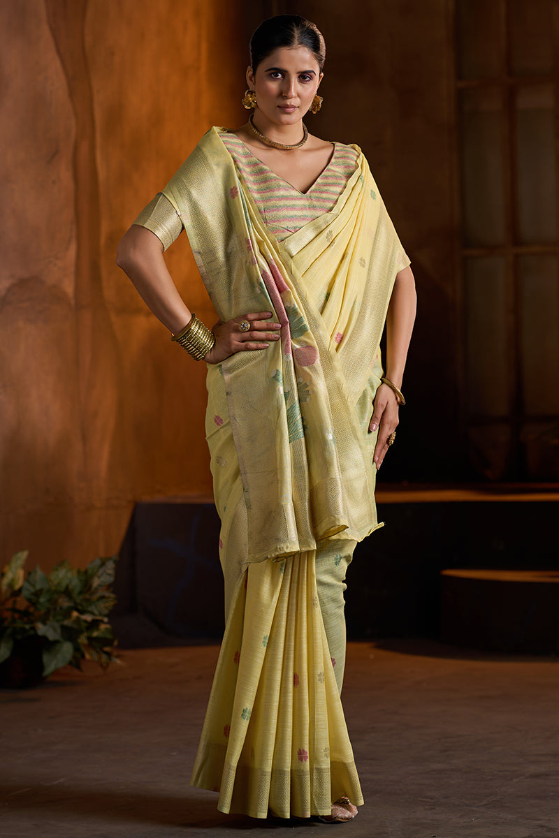 Lassitude Yellow Cotton Silk Saree With Surreptitious Blouse Piece