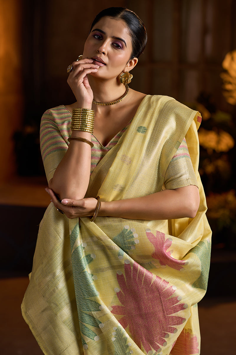 Lassitude Yellow Cotton Silk Saree With Surreptitious Blouse Piece