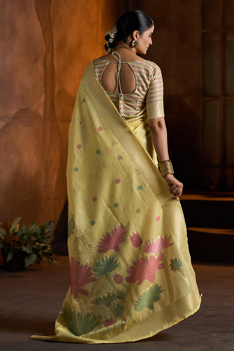 Lassitude Yellow Cotton Silk Saree With Surreptitious Blouse Piece