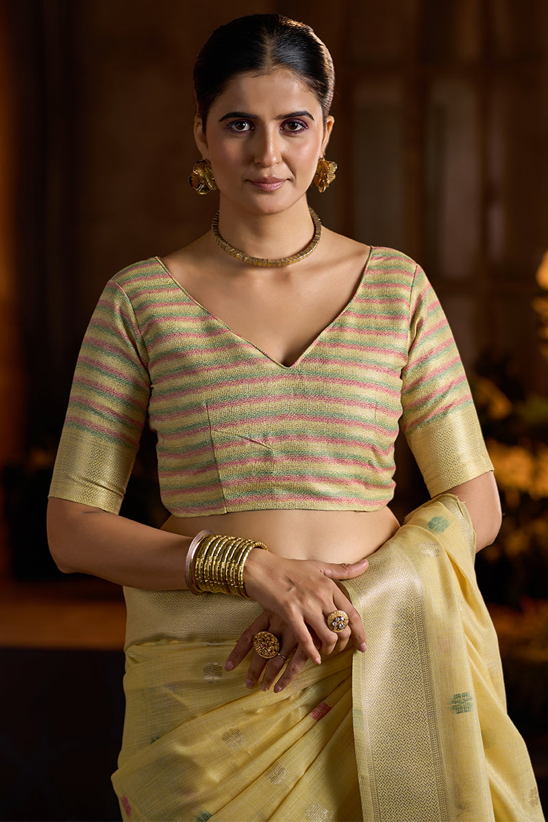 Lassitude Yellow Cotton Silk Saree With Surreptitious Blouse Piece
