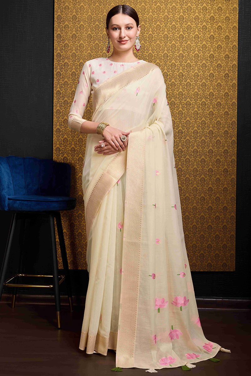 Flattering Beige Cotton Silk Saree With Seraglio Blouse Piece
