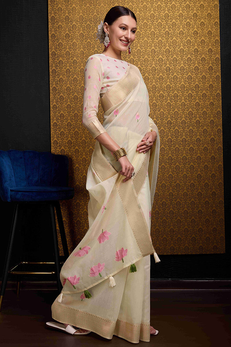 Flattering Beige Cotton Silk Saree With Seraglio Blouse Piece