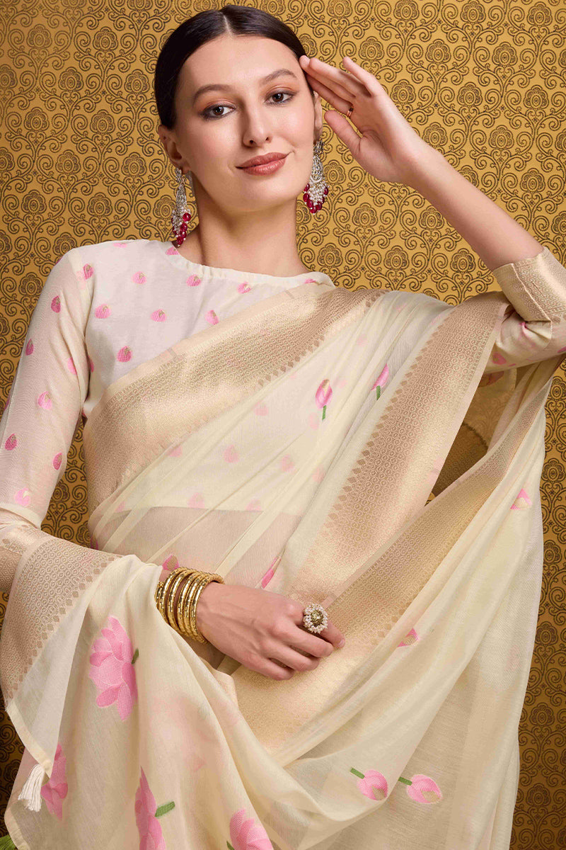 Flattering Beige Cotton Silk Saree With Seraglio Blouse Piece