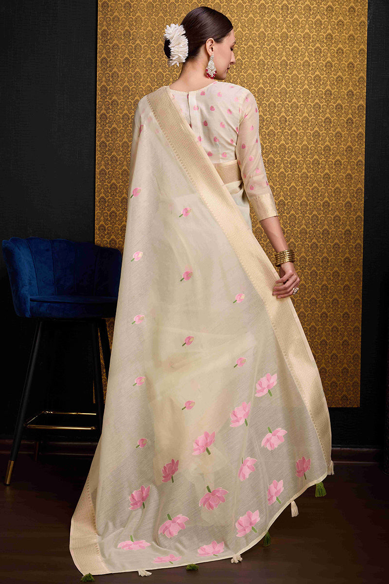 Flattering Beige Cotton Silk Saree With Seraglio Blouse Piece