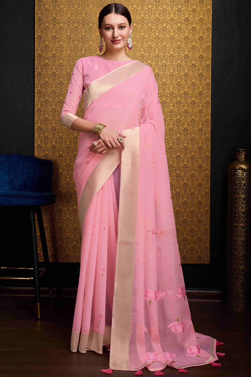 Entrancing Pink Cotton Silk Saree With Winsome Blouse Piece