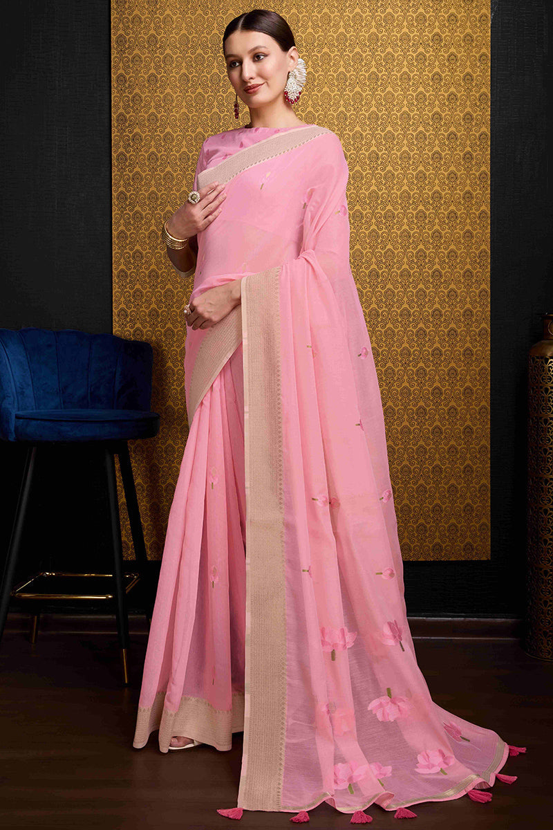 Entrancing Pink Cotton Silk Saree With Winsome Blouse Piece