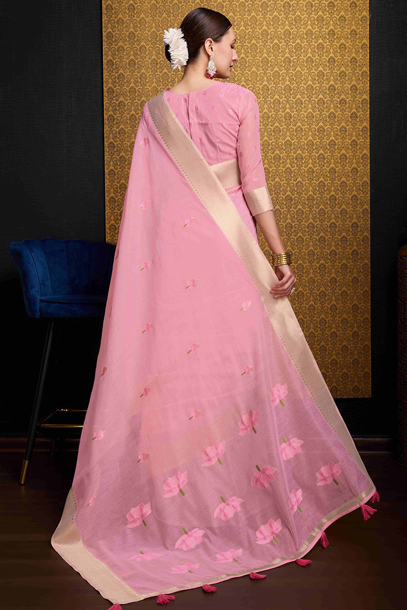 Entrancing Pink Cotton Silk Saree With Winsome Blouse Piece