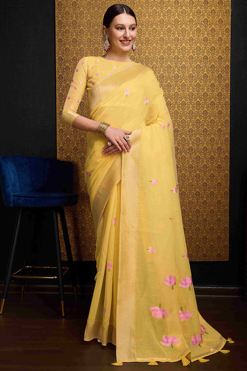Winsome Yellow Cotton Silk Saree With Nectarous Blouse Piece