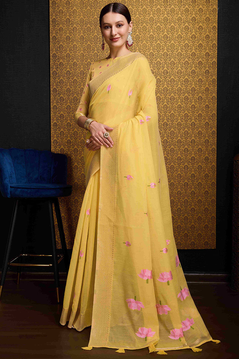 Winsome Yellow Cotton Silk Saree With Nectarous Blouse Piece