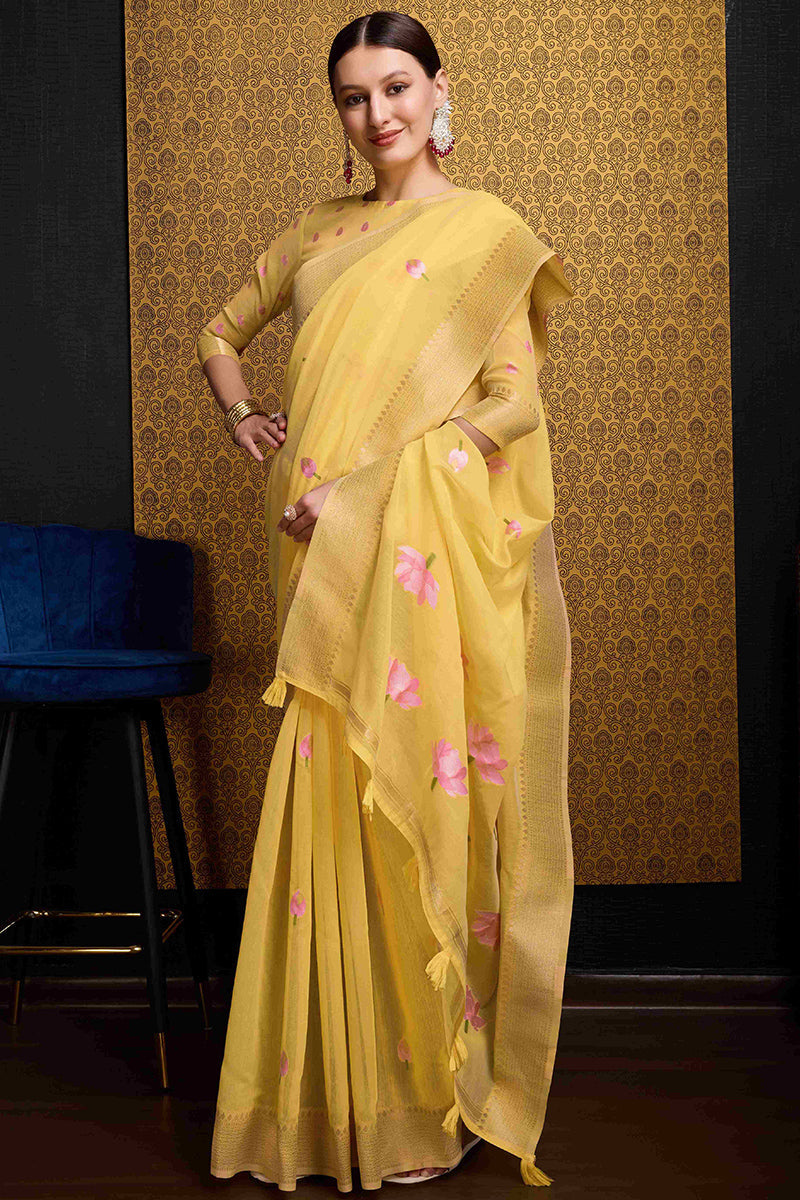Winsome Yellow Cotton Silk Saree With Nectarous Blouse Piece