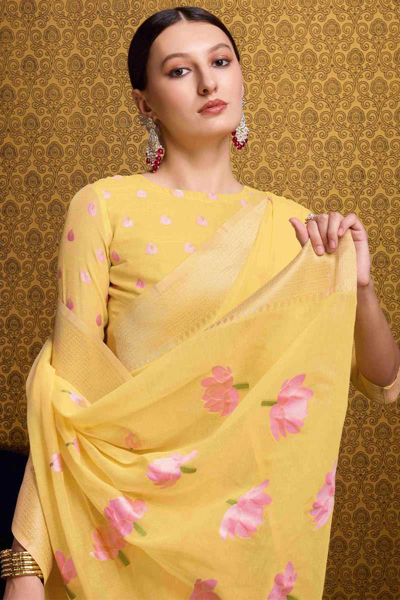 Winsome Yellow Cotton Silk Saree With Nectarous Blouse Piece