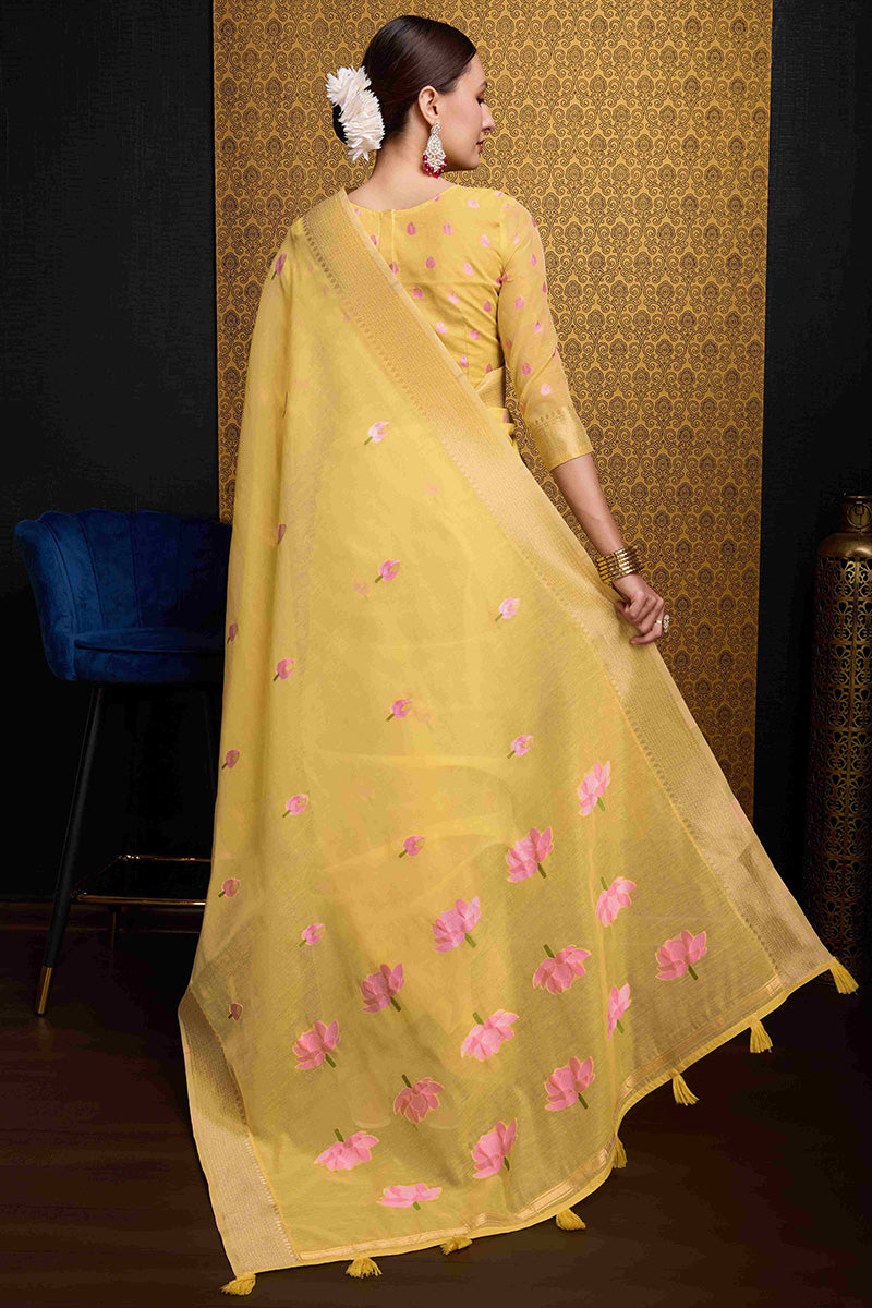 Winsome Yellow Cotton Silk Saree With Nectarous Blouse Piece