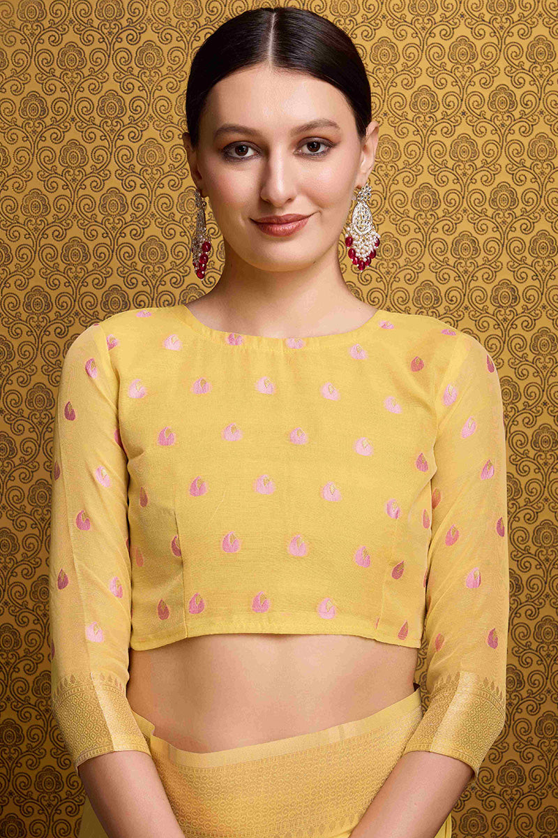 Winsome Yellow Cotton Silk Saree With Nectarous Blouse Piece