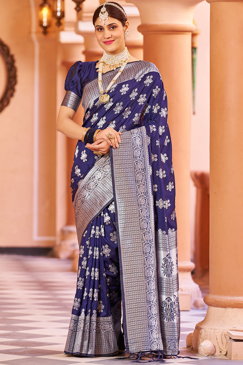 Flamboyant Navy Blue Banarasi Silk Saree with Improbable Blouse Piece