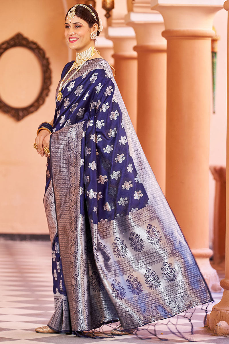 Flamboyant Navy Blue Banarasi Silk Saree with Improbable Blouse Piece