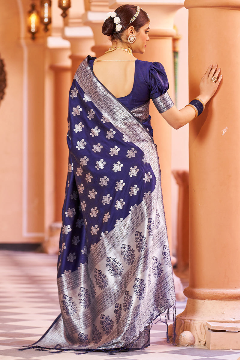 Flamboyant Navy Blue Banarasi Silk Saree with Improbable Blouse Piece