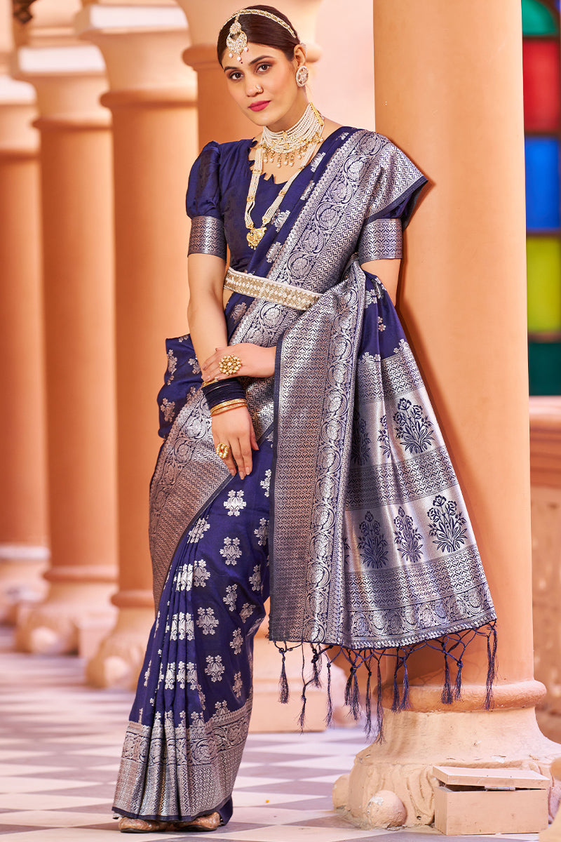 Flamboyant Navy Blue Banarasi Silk Saree with Improbable Blouse Piece