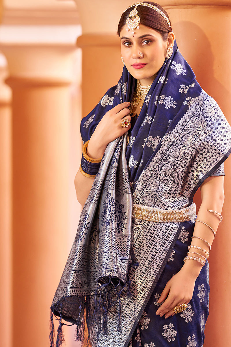 Flamboyant Navy Blue Banarasi Silk Saree with Improbable Blouse Piece