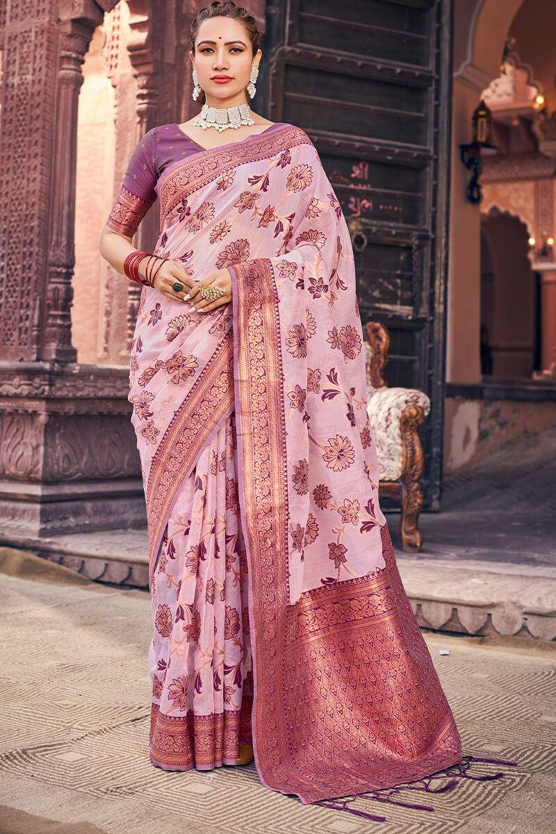 Prominent Lavender Organza Silk Saree With Lassitude Blouse Piece