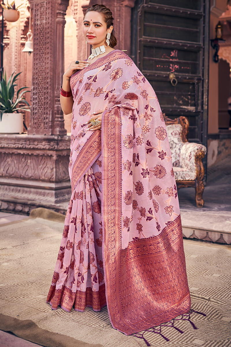 Prominent Lavender Organza Silk Saree With Lassitude Blouse Piece