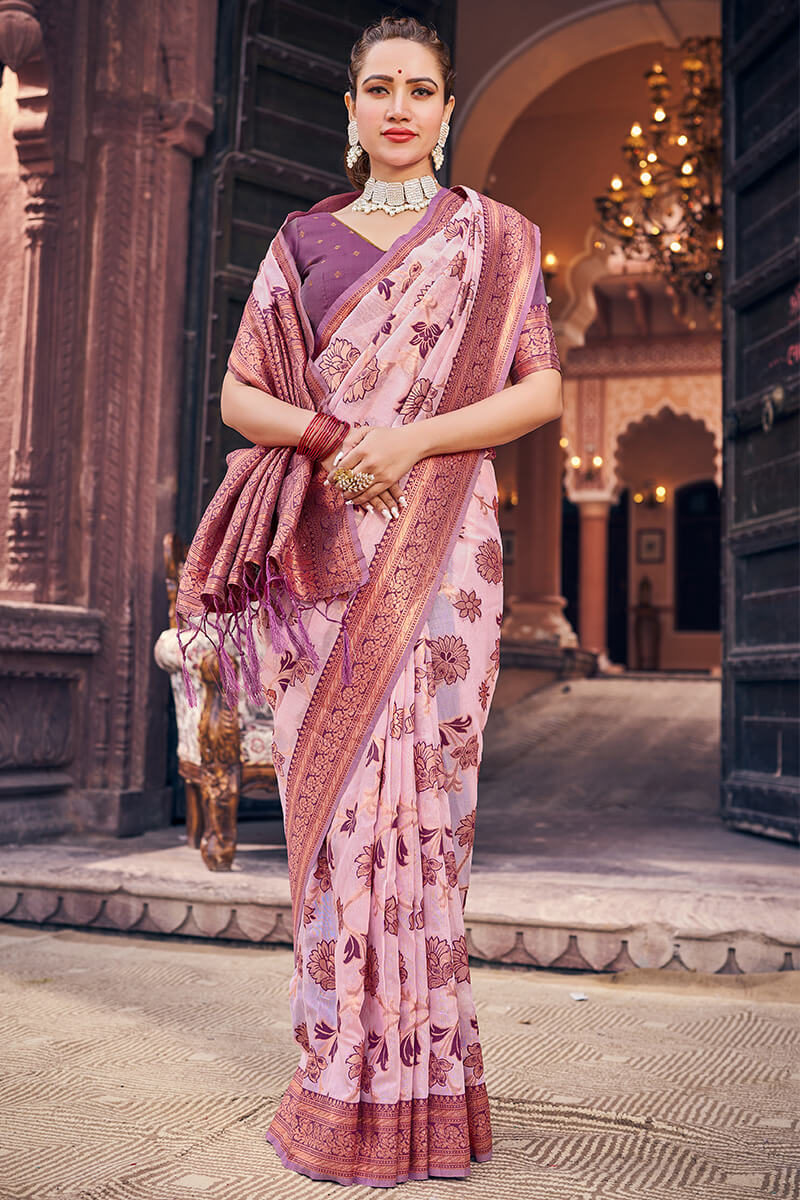 Prominent Lavender Organza Silk Saree With Lassitude Blouse Piece