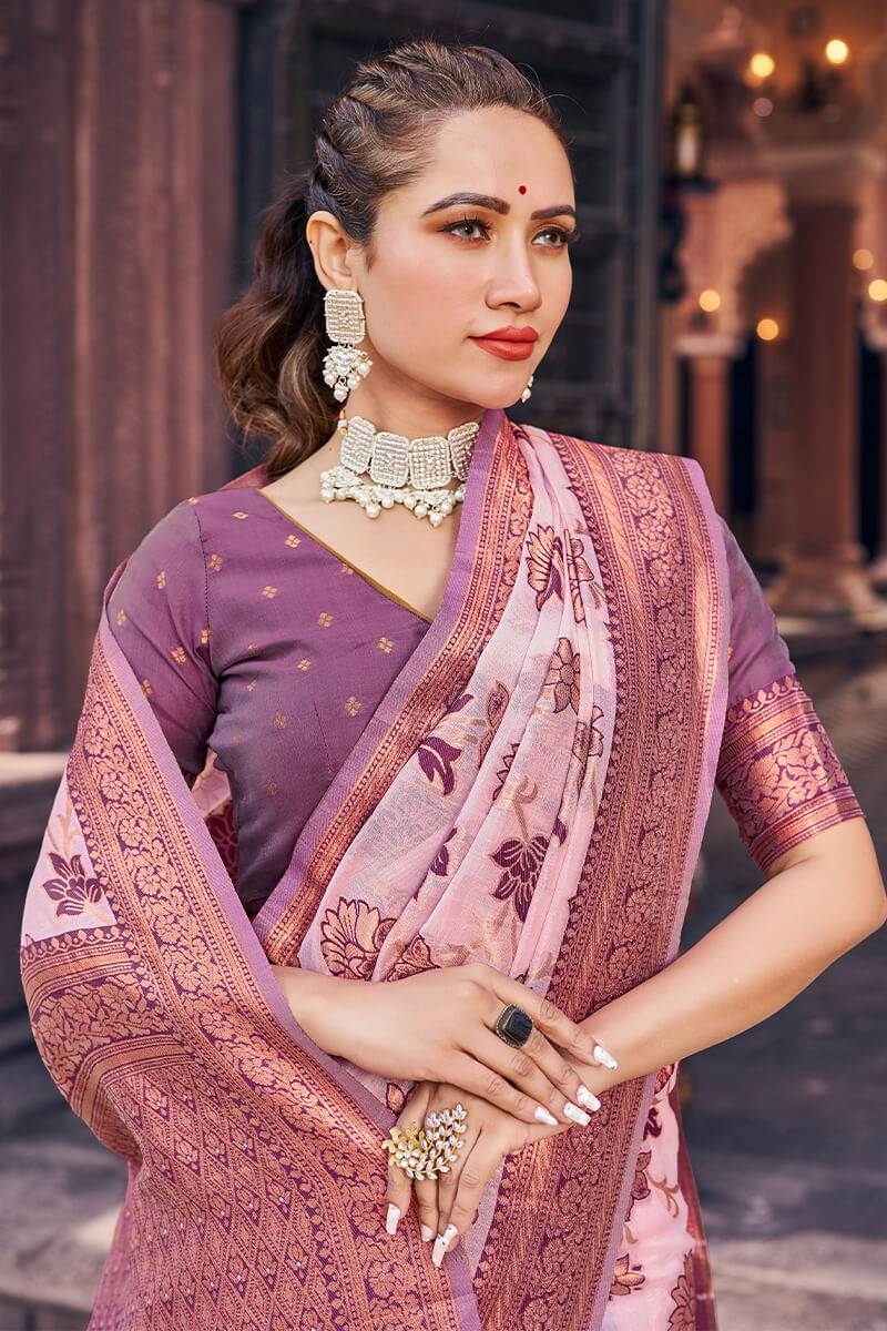 Prominent Lavender Organza Silk Saree With Lassitude Blouse Piece