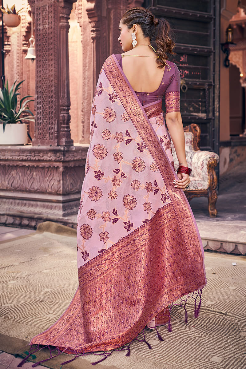 Prominent Lavender Organza Silk Saree With Lassitude Blouse Piece