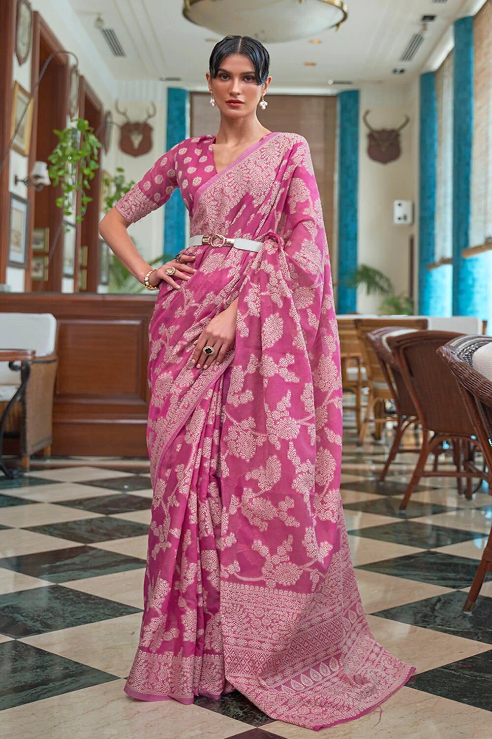 Hypnotic Pink Lucknowi work Silk Saree With Fancifull Blouse Piece