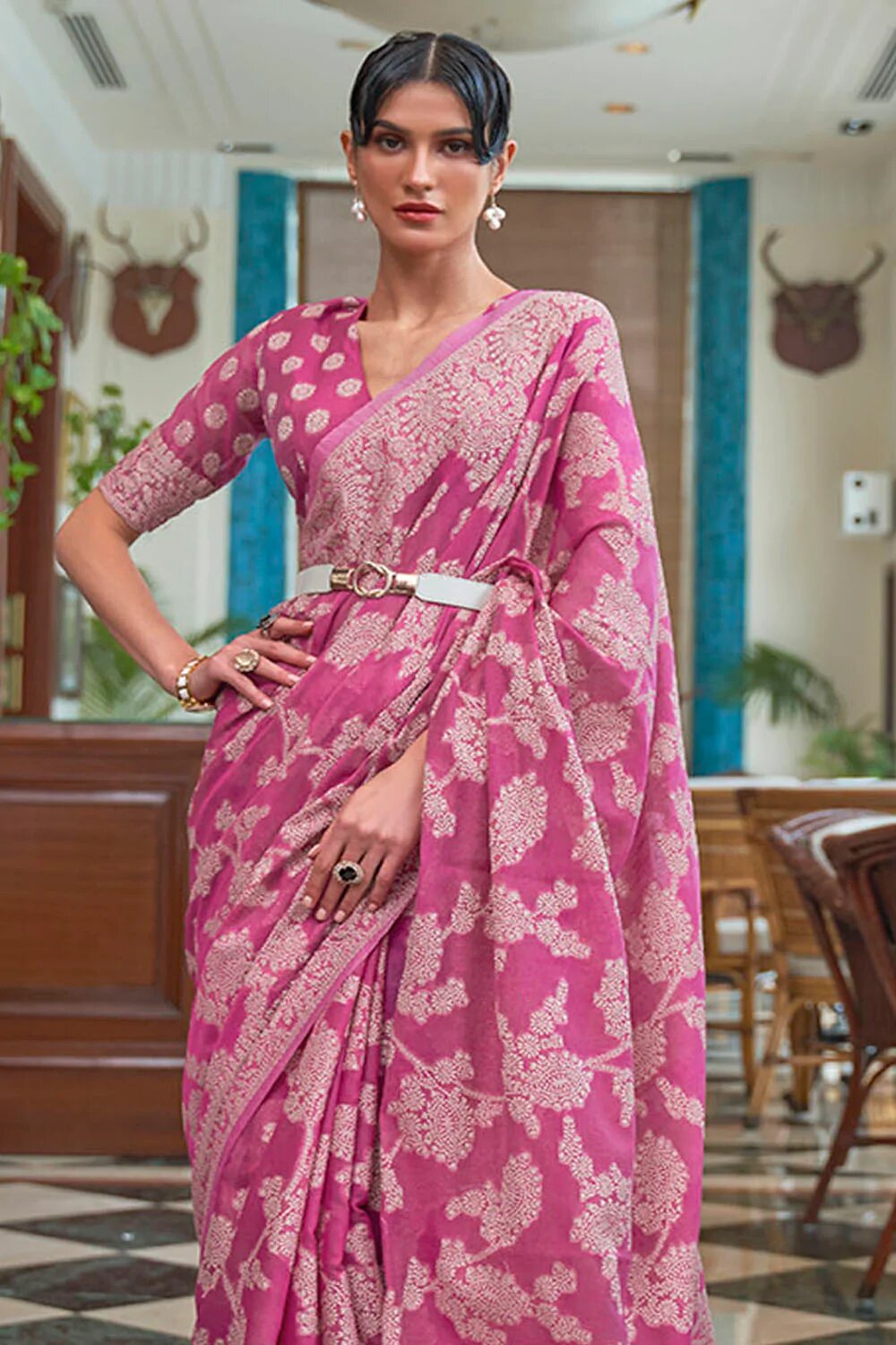 Flamingo Pink Lucknowi Chickankari Silk Saree