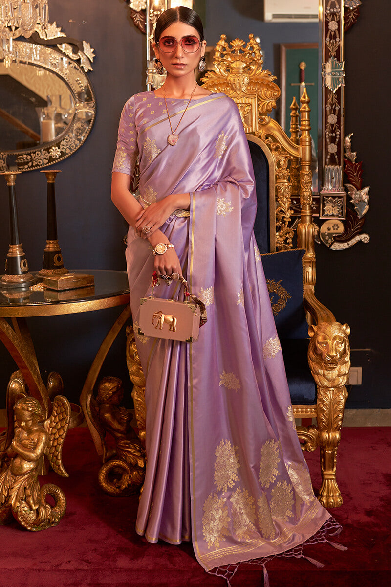 Exceptional Lavender Soft Banarasi Silk Saree With Devastating Blouse Piece