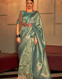 Outstanding Rama Kanjivaram Silk Saree With Excellent Blouse Piece