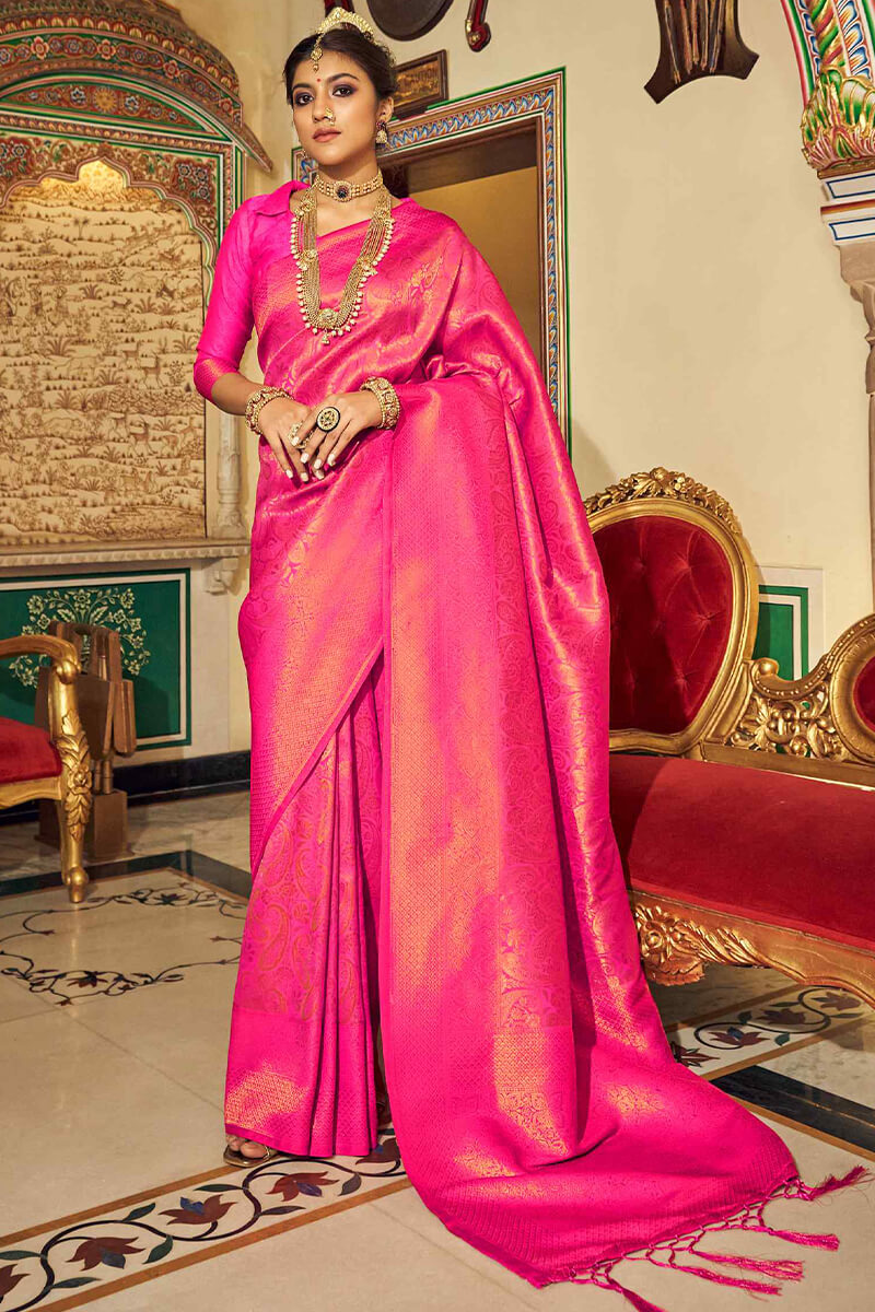 Glowing Dark Pink Kanjivaram Silk Saree With Inspiring Blouse Piece