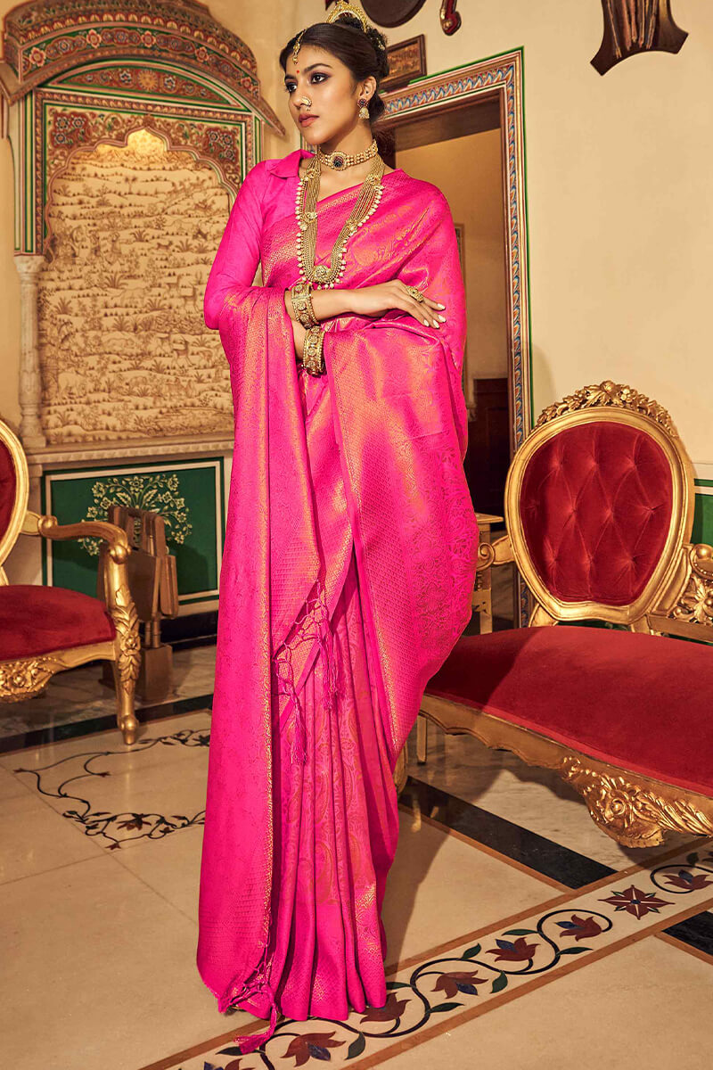 Glowing Dark Pink Kanjivaram Silk Saree With Inspiring Blouse Piece
