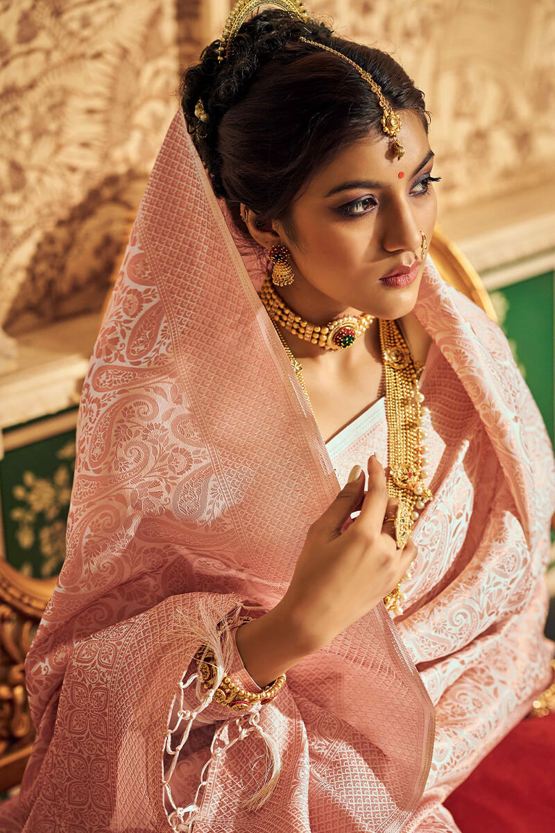 Eye-catching Beige Kanjivaram Silk Saree With Most Stunning Blouse Piece