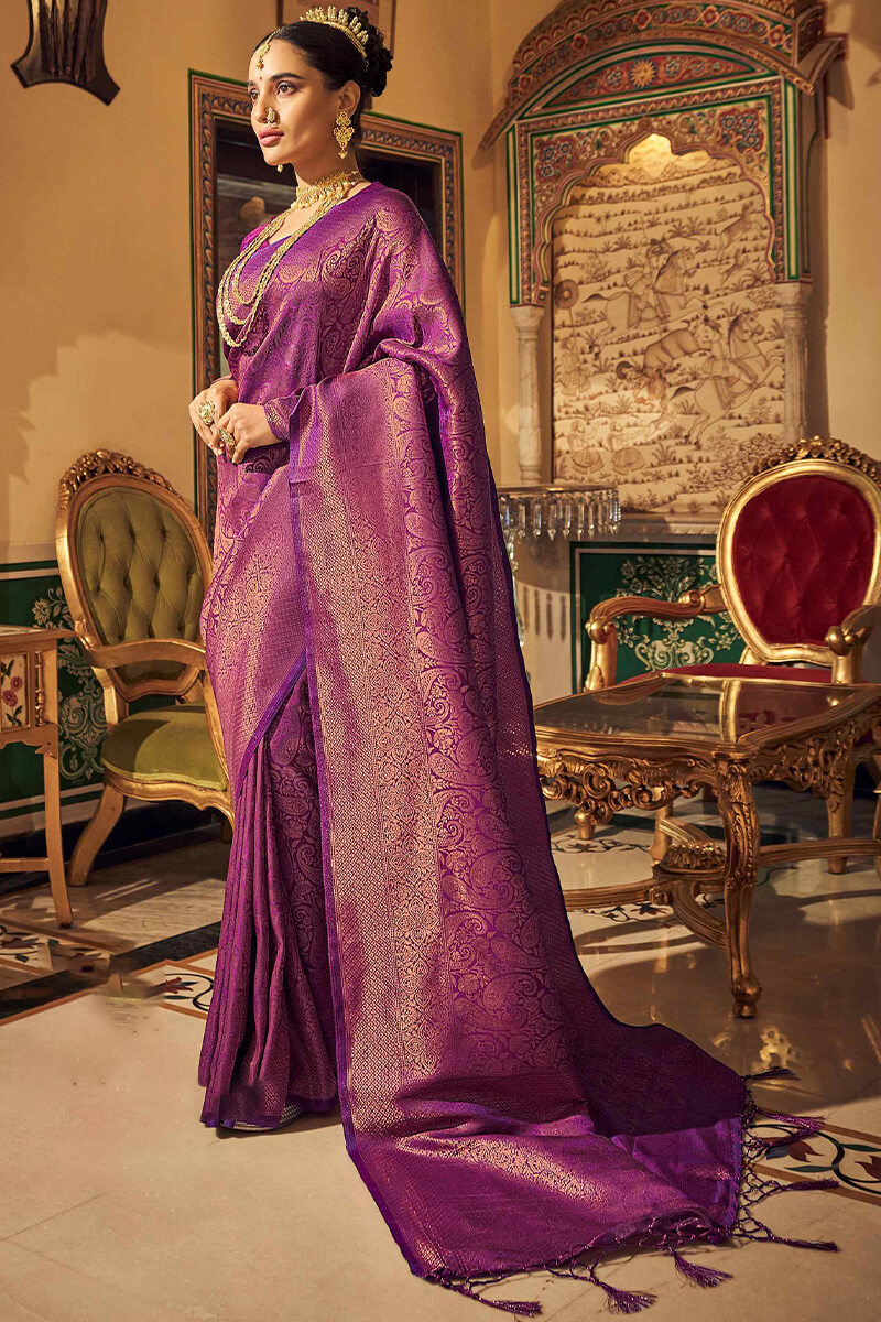 Invaluable Purple Kanjivaram Silk Saree With Comely Blouse Piece