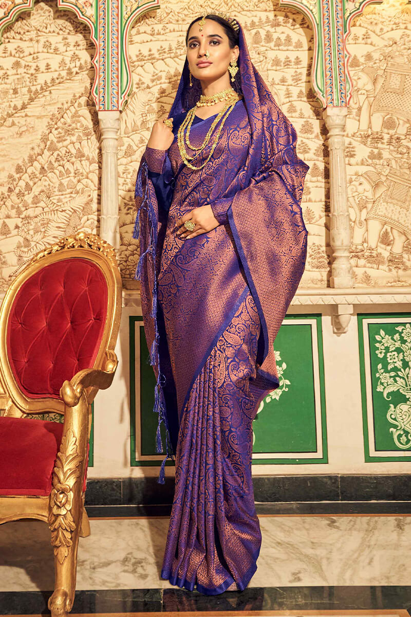 Charming Royal Blue Kanjivaram Silk Saree With Classic Blouse Piece